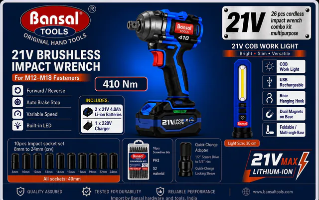 Completed Bansal 21V impact wrench combo kit presentation artwork
