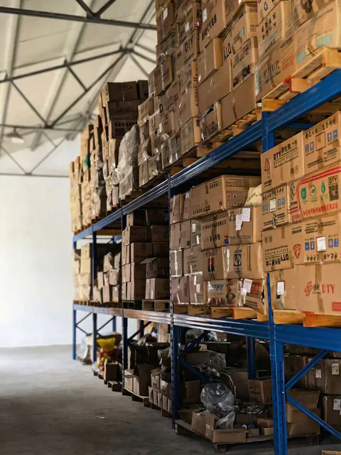 Materials and packaging inventory stored on warehouse racks